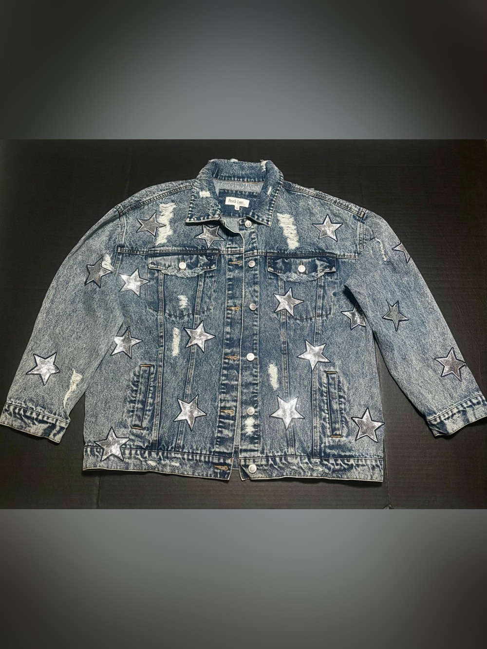 Slightly Used Peach Love California Silver Sequin Star Blue Denim Jacket. Size L